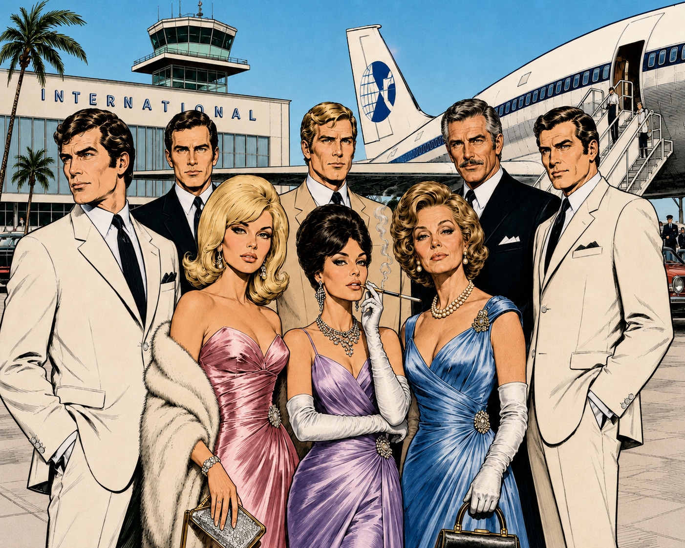 The Meridian Group ensemble Cast stand outside an exotic International airport