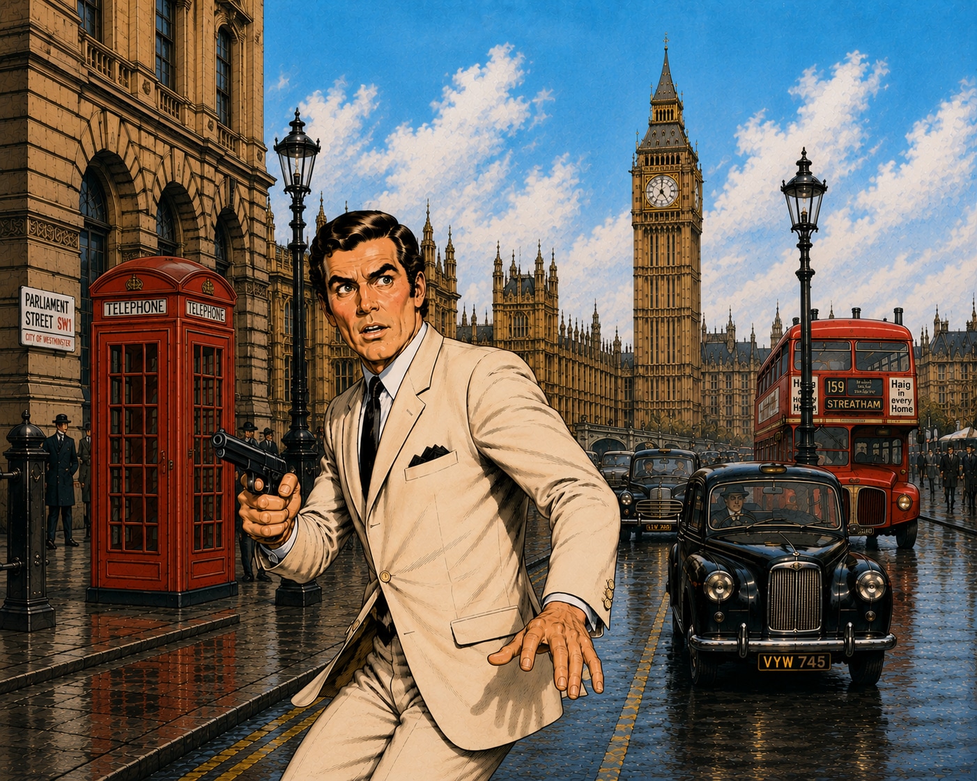William Mercer holding a gun on the streets of London